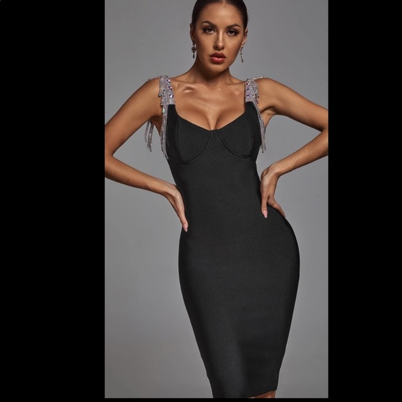black midi bandage dress BODYCON COLLECTION Classic Black Bandage Dress for Women, Knee Length, Polyester and Elastane, Sweetheart Neckline main image 1